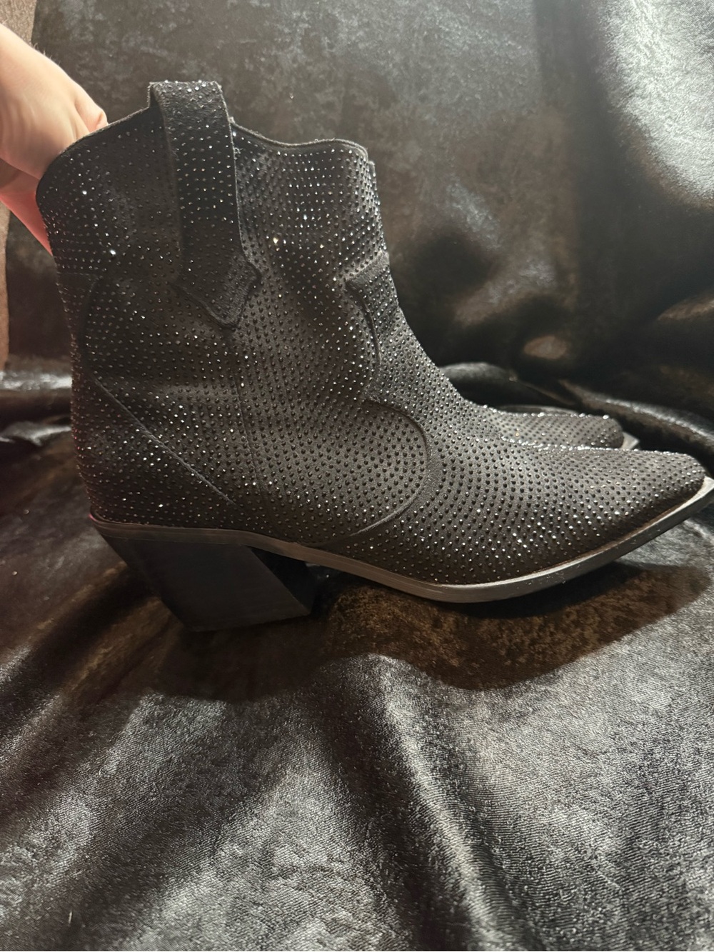 Black Rhinestone Suede Western Ankle Boots for Women- size 11